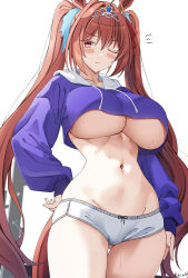 Rule 34 | 1girl, animal ears, artist name, blue sweater, blush, breasts, brown hair, closed mouth, collarbone, commentary, commission, daiwa scarlet (umamusume), english commentary, gluteal fold, hair ornament, highres, hood, hoodie, horse ears, horse girl, horse tail, keenh, large breasts, long hair, long sleeves, looking at viewer, micro shorts, navel, one eye closed, red eyes, shorts, simple background, solo, stomach, sweat, sweater, tail, thighs, tiara, twintails, umamusume, underboob, white background, white shorts