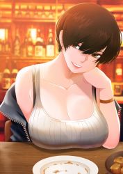 Rule 34 | 1girl, bar (place), black bra, black hair, blush, bra, bra strap, bracelet, breast rest, breasts, breasts on table, brown eyes, cleavage, collaboration, collarbone, colorized, commentary, downblouse, earrings, english commentary, hair between eyes, head rest, highres, jewelry, large breasts, lips, looking at viewer, norman maggot, off shoulder, olive laurentia, open clothes, original, plate, pov, see-through, shady oaks, shadyoaks (lucknuts), short hair, sitting, smile, solo, stud earrings, table, tank top, underwear, unzipped