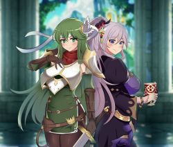 Rule 34 | 2girls, azmi yudista, blue eyes, blush, bracelet, breasts, chalice, cleavage, cup, day, fire emblem, fire emblem heroes, green eyes, green hair, hair ornament, indoors, ishtar (fire emblem), jewelry, large breasts, long hair, looking at viewer, multiple girls, nintendo, palla (fire emblem), pillar, silver hair, smile, standing, sword, weapon