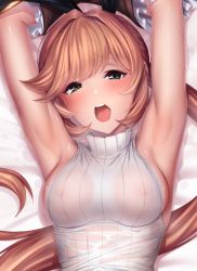 Rule 34 | 10s, 1girl, armpits, arms up, black gloves, blush, bow, breasts, brown hair, clarisse (granblue fantasy), frill trim, frills, gloves, granblue fantasy, green eyes, hair bow, highres, long hair, looking at viewer, medium breasts, nipples, open mouth, ponytail, ribbed shirt, ribbed sweater, see-through, shirt, sleeveless, sleeveless shirt, sleeveless turtleneck, solo, sweat, sweater, turtleneck, ulrich (tagaragakuin), upper body