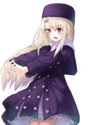 Rule 34 | 1girl, bad id, bad pixiv id, blush, coat, cowboy shot, dress, fate/stay night, fate (series), floating hair, fur hat, hair between eyes, hat, highres, illyasviel von einzbern, long hair, long sleeves, looking at viewer, open mouth, papakha, purple coat, purple hat, red eyes, short dress, silver hair, simple background, solo, standing, torriet, very long hair, white background