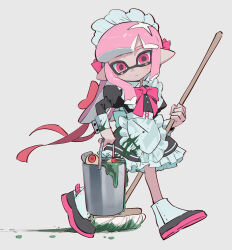 Rule 34 | 1girl, absurdres, apron, black dress, dress, frilled apron, frills, highres, inkling, inkling girl, inkling player character, maid, maid apron, maid headdress, mop, namazuoku, nintendo, paint splatter, pink eyes, pink hair, pointy ears, puffy sleeves, salmon run (splatoon), salmonid, simple background, solo, splatoon (series), splatoon 3, suction cups, tentacle hair, waist apron, white apron, white background