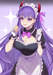 Rule 34 | 1girl, absurdres, alternate costume, apron, bb (fate), bb (fate/extra), black dress, blush, breasts, cleavage, cleavage cutout, clothing cutout, danxing aipangzi, demon horns, dress, enmaided, fate/grand order, fate (series), food, gloves, hair ribbon, highres, horns, large breasts, long hair, looking at viewer, macaron, maid, maid headdress, open mouth, puffy short sleeves, puffy sleeves, purple eyes, purple hair, ribbon, short sleeves, smile, solo, very long hair, waist apron, white apron, white gloves