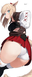 Rule 34 | 1girl, accio, animal ears, ass, warrior of light (ff14), blue eyes, breasts, cat ears, cat tail, closed mouth, facial mark, final fantasy, final fantasy xiv, highres, light brown hair, long hair, looking back, medium breasts, miniskirt, miqo&#039;te, panties, ponytail, red skirt, skirt, slit pupils, solo, tail, thighhighs, thighs, underwear, white background