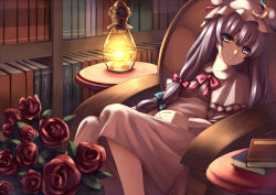 Rule 34 | 1girl, bad id, bad pixiv id, book, bookshelf, bow, crescent, crescent moon, female focus, flower, hair bow, hair ribbon, hat, lantern, library, long hair, moon, patchouli knowledge, purple eyes, purple hair, red flower, red rose, ribbon, rose, solo, takemori shintarou, touhou, voile