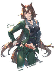 Rule 34 | 1girl, animal ears, belt, brown hair, character name, choker, collarbone, collared shirt, feet out of frame, fingerless gloves, gloves, green pants, hands on own hips, highres, horse ears, horse girl, horse tail, jacket, long hair, long sleeves, midriff peek, multicolored hair, navel, open clothes, open jacket, pants, red eyes, shimatani azu, shirt, sirius symboli (umamusume), smile, solo, tail, two-tone hair, umamusume, very long hair, white shirt