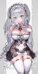 Rule 34 | 1girl, bare shoulders, blue eyes, breasts, cleavage, elbow gloves, frilled hairband, frills, garter straps, gloves, grey background, hair between eyes, hairband, highres, large breasts, long hair, looking at viewer, maid, original, solo, thighhighs, twintails, two-tone background, very long hair, voruvoru, white background, white gloves, white hair, white thighhighs