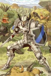 Rule 34 | armor, bandaged arm, bandages, blonde hair, breastplate, colored skin, dragon&#039;s crown, fake horns, fighter (dragon&#039;s crown), fighting stance, full body, grass, green skin, hair between eyes, helmet, highres, holding, holding pickaxe, holding shield, holding sword, holding weapon, horned helmet, horns, looking to the side, lower teeth only, mace, male focus, armored boots, mountain, open mouth, orc, outdoors, pavement, pickaxe, plate armor, shield, shinichi kobe, shoulder armor, sword, teeth, tongue, tongue out, tree, upper teeth only, vanillaware, weapon