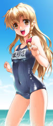 Rule 34 | 1girl, beach, blonde hair, blush, braid, brown eyes, day, female focus, henshako, kirisame marisa, long hair, navel, one-piece swimsuit, outdoors, school swimsuit, shiny clothes, skindentation, smile, solo, swimsuit, touhou, wet, wet clothes