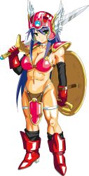 Rule 34 | 1girl, abs, absurdres, aged up, armor, bad id, bad pixiv id, bikini armor, blue hair, boots, breasts, choker, chunsoft, cleavage, cosplay, dragon quest, dragon quest iii, elbow gloves, enix, full body, gloves, green eyes, helmet, highres, izumi konata, large breasts, long hair, lucky star, mole, mole under eye, navel, oyu no kaori, red armor, shield, soldier (dq3), soldier (dq3) (cosplay), solo, sword, thigh strap, transparent background, warrior, weapon