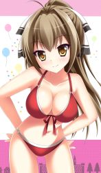 Rule 34 | 10s, 1girl, ahoge, amagi brilliant park, antenna hair, bad id, bad pixiv id, balloon, bikini, blush, bow, breasts, brown eyes, brown hair, cleavage, front-tie top, hair bow, hands on own hips, highres, karin (rei862), large breasts, leaning forward, long hair, looking at viewer, midori rin, navel, o-ring, o-ring bikini, o-ring bottom, o-ring top, ponytail, red bikini, sento isuzu, smile, solo, standing, swimsuit, thighs, yellow eyes
