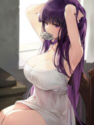 Rule 34 | 1girl, armpits, arms up, bare shoulders, breasts, cleavage, commentary request, dress, fern (sousou no frieren), goomrrat, highres, indoors, large breasts, long hair, mouth hold, purple eyes, purple hair, sitting, sleeveless, sleeveless dress, solo, sousou no frieren, very long hair, white dress