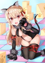 Rule 34 | 1girl, animal ear fluff, animal ears, animal hands, bad id, bad pixiv id, bell, black sleeves, black thighhighs, blonde hair, blush, breasts, carton, cat ears, cat paws, cat tail, commentary request, dangeroes beast (illya), detached sleeves, fake animal ears, fate/kaleid liner prisma illya, fate (series), fur trim, gloves, hair bell, hair ornament, highres, illyasviel von einzbern, illyasviel von einzbern (beast style), kneeling, long hair, looking at viewer, navel, official alternate costume, open mouth, paw gloves, red eyes, red ribbon, ribbon, small breasts, smile, solo, tail, teeth, thighhighs, upper teeth only, zeroillya