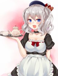 Rule 34 | 10s, 1girl, :d, blue eyes, blush, breasts, chiune (yachi), cleavage, cup, hat, kantai collection, kashima (kancolle), looking at viewer, maid, open mouth, ribbon-trimmed clothes, ribbon trim, silver hair, smile, solo, teacup, teapot, tray, twintails