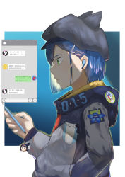 Rule 34 | 1girl, absurdres, artist name, bad id, bad pixiv id, blue flower, blue hair, blue hat, bob cut, cellphone, character name, charm (object), chat log, commentary request, darling in the franxx, delphinium (darling in the franxx), drill, earbuds, earphones, flower, from side, frown, gorou (darling in the franxx), gradient background, green eyes, hair ornament, hair pulled back, hairclip, hand in pocket, hat, hat with ears, highres, hiro (darling in the franxx), holding, holding phone, hood, hoodie, ichigo (darling in the franxx), kill la kill, liang (d.r.), looking at screen, matoi ryuuko, multicolored clothes, multicolored hoodie, one eye covered, phone, shaded face, short hair, simple background, solo, solo focus, standing, tengen toppa gurren lagann, translation request, visor