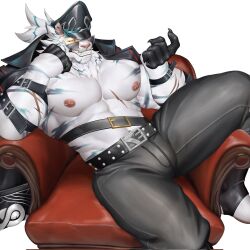 Rule 34 | 1boy, abs, bara, black coat, black gloves, black headwear, black pants, bulge, chinese commentary, claws, clenched teeth, coat, coat on shoulders, cross scar, dislyte, fangs, furry, furry male, gloves, head on hand, highres, jin qiu (ru shou) (dislyte), male focus, multiple scars, nipple piercing, on chair, pants, pectorals, piercing, ponytail, scar, scar on arm, scar on chest, shiling (shiling 100), sitting, sunglasses, teeth, white background, yellow eyes