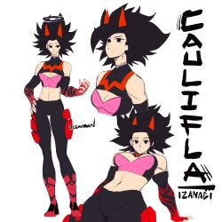 Rule 34 | 1girl, abs, alternate universe, artist name, bare shoulders, black eyes, black gloves, black hair, black halo, black pants, black shirt, boots, breasts, caulifla, character name, character sheet, cleavage, cleavage cutout, clothing cutout, commentary, crosshatching, dragon ball, dragon ball super, earrings, elbow gloves, english commentary, english text, expressionless, fingerless gloves, full body, gloves, halo, hatching (texture), highres, horns, jewelry, light frown, light smile, long hair, medium breasts, multicolored clothes, multiple views, muscular, muscular female, navel, ocean man (artist), pants, pink shirt, red footwear, red gloves, red horns, shirt, simple background, sketch, skin tight, spiked hair, sportswear, tight clothes, tight pants, two-tone gloves, upper body, white background, workout clothes