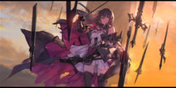 Rule 34 | 1girl, absurdres, bare shoulders, black hair, black thighhighs, breasts, cape, commentary request, dress, dual wielding, floating, floating object, gauntlets, hair between eyes, highres, holding, holding sword, holding weapon, long hair, looking at viewer, pixiv fantasia, pixiv fantasia last saga, red eyes, solo, swd3e2, sword, thighhighs, weapon