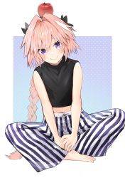 Rule 34 | 1boy, apple, astolfo (fate), bare arms, barefoot, black bow, black shirt, bow, braid, c:, closed mouth, commentary request, fate/apocrypha, fate (series), food, food on head, fruit, fruit on head, full body, hair between eyes, hair bow, hair intakes, head tilt, highres, indian style, kusumoto touka, long hair, looking at viewer, male focus, midriff, multicolored hair, navel, object on head, own hands together, pants, pink hair, polka dot, polka dot background, purple eyes, purple pants, shirt, sidelocks, single braid, sitting, sleeveless, sleeveless shirt, smile, solo, streaked hair, striped clothes, striped pants, trap, very long hair, white background, white hair, white pants