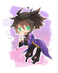 Rule 34 | 00s, 1boy, ahoge, bad id, bad pixiv id, black hair, chibi, coat, full body, green eyes, leaning, male focus, messy hair, open mouth, pants, ponytail, raven (tales), smile, solo, tales of (series), tales of vesperia, white background, yoshida nishi