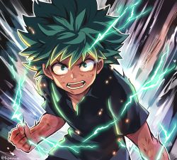 Rule 34 | 10s, 1boy, angry, bad id, bad pixiv id, boku no hero academia, casual, clenched hand, determined, fujimaru (green sparrow), green eyes, green hair, lightning, looking at viewer, male focus, midoriya izuku, open mouth, scratches, short hair, solo, sparks, spiked hair, upper body