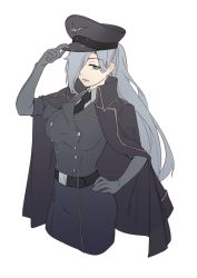 Rule 34 | 1girl, 3four, belt, black coat, black hat, black jacket, black necktie, breasts, closed mouth, coat, collared shirt, commission, elbow gloves, gloves, green eyes, grey gloves, grey hair, grey shirt, hair over one eye, hand on own hip, hat, jacket, jacket on shoulders, large breasts, long hair, looking at viewer, military, military uniform, necktie, one eye closed, original, peaked cap, shirt, simple background, solo, uniform, white background, wing collar