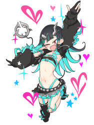 Rule 34 | 1girl, nanashi inc., :d, arm up, belt, belt bra, black footwear, black gloves, black hair, black jacket, black skirt, black thighhighs, blue belt, blue hair, blue panties, blue socks, blush, chest belt, clothing cutout, commentary request, cropped jacket, cross-laced clothes, cross-laced sleeves, demon girl, demon horns, demon tail, fang, flat chest, full body, garter straps, gloves, grey skirt, heart, highleg, highleg panties, highres, horns, jacket, layered skirt, long hair, long sleeves, looking at viewer, midriff, multicolored hair, navel, one eye closed, open clothes, open jacket, open mouth, panties, partially fingerless gloves, pointy ears, red eyes, shishio chris, shoes, shoulder cutout, simple background, single thighhigh, skirt, smile, sneakers, socks, solo, sugar lyric, tail, thighhighs, tomatojam, two-tone hair, underwear, virtual youtuber, white background, zipper skirt