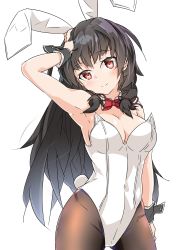 Rule 34 | 1girl, absurdres, alternate costume, animal ears, armpits, black hair, blush, bow, bowtie, breasts, commentary request, covered navel, detached collar, fake animal ears, gluteal fold, hair ribbon, halkawa501, hand on own head, highres, isokaze (kancolle), kantai collection, leotard, long hair, looking at viewer, medium breasts, pantyhose, playboy bunny, rabbit ears, rabbit tail, red eyes, ribbon, simple background, smile, solo, tail, transparent background, tress ribbon, white background, wrist cuffs