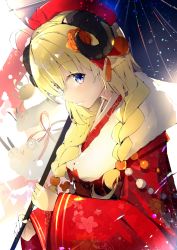 Rule 34 | 1girl, animal ears, beret, blonde hair, blue eyes, braid, closed mouth, flower, from side, fur-trimmed kimono, fur trim, hair flower, hair ornament, hair over shoulder, hat, holding, holding umbrella, hololive, horns, japanese clothes, kimono, long hair, looking at viewer, nekopote, new year, oil-paper umbrella, purple eyes, raised eyebrows, red hat, sheep ears, sheep girl, sheep horns, smile, solo, tsunomaki watame, tsunomaki watame (new year), twin braids, umbrella, upper body, virtual youtuber, wide sleeves, winter