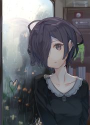 Rule 34 | 1girl, black hair, book, bookshelf, breasts, clock, collarbone, condensation, glass writing, grey eyes, hair over one eye, head tilt, heart, indoors, long sleeves, looking at viewer, nekomegane, one eye covered, original, parted lips, plant, rain, reflection, shirt, short hair, small breasts, solo, upper body, window, window fog