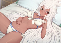 Rule 34 | 1girl, :o, bare arms, bare shoulders, bed sheet, bikini, blush, breasts, breasts apart, commentary request, dark-skinned female, dark skin, granblue fantasy, long hair, looking at viewer, lying, medium breasts, navel, on back, on bed, parted lips, pillow, poking belly, red eyes, ribbon, side-tie bikini bottom, silver hair, solo, spread navel, stomach, straight hair, swimsuit, uneg, very long hair, white bikini, white ribbon, zooey (granblue fantasy), zooey (summer) (granblue fantasy)