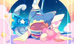 Rule 34 | ^ ^, angel wings, animal ears, belt, belt buckle, belt collar, blue belt, blue hood, blush, buckle, cape, closed eyes, cloud, collar, commentary request, covered mouth, disembodied limb, gear print, gloves, heart, holding, holding heart, kirby (series), lor starcutter, magolor, mast, nintendo, no humans, oars (one piece), rayman limbs, scarf, shirushiki, solo, space, spacecraft, star (sky), star (symbol), star print, white cape, white gloves, white scarf, wings