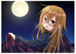 Rule 34 | 1girl, :d, argyle, argyle background, argyle clothes, black serafuku, blush, border, brown eyes, brown hair, commentary request, from behind, full moon, glasses, kantai collection, long hair, looking at viewer, looking back, mochizuki (kancolle), moon, nagasioo, night, open mouth, school uniform, serafuku, smile, solo, upper body
