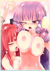 Rule 34 | 2girls, against fourth wall, against glass, bad id, bad pixiv id, between breasts, breast press, breasts, breasts on glass, closed eyes, completely nude, embodiment of scarlet devil, female focus, glass, grabbing, grabbing another&#039;s breast, head wings, highres, homura subaru, huge breasts, koakuma, lactation, large breasts, licking, long hair, moaning, multiple girls, navel, nipples, no headwear, nude, one eye closed, open mouth, patchouli knowledge, purple eyes, purple hair, red hair, same-sex bathing, shared bathing, shower, soap bubbles, sponge, tongue, touhou, twintails, upper body, very long hair, wet, wings, wink, yuri