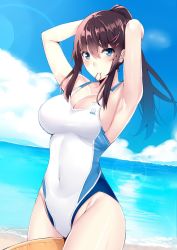 Rule 34 | 1girl, arms up, beach, blue eyes, blue sky, breasts, brown hair, cleavage, cloud, collarbone, commentary request, competition swimsuit, cowboy shot, day, highres, holding, holding own hair, horizon, innertube, kaerunoashi, large breasts, lens flare, long hair, looking at viewer, mouth hold, ocean, one-piece swimsuit, original, outdoors, ponytail, rubber band, sky, solo, swim ring, swimsuit, white one-piece swimsuit