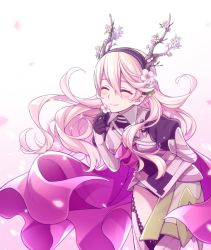 Rule 34 | 1girl, armor, black gloves, black hairband, cape, closed eyes, closed mouth, corrin (female) (fire emblem), corrin (fire emblem), dragon horns, fire emblem, fire emblem fates, flower, gloves, hair flower, hair ornament, hairband, hiyori (rindou66), horns, long hair, nintendo, petals, pink cape, pointy ears, simple background, smile, solo, twitter username, white background, white hair
