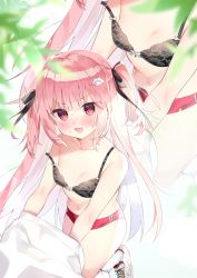 Rule 34 | 1girl, :d, bare shoulders, black bra, black ribbon, blush, bra, buruma, chihiro (khorosho), collarbone, commentary request, fang, hair ornament, hair ribbon, long hair, looking at viewer, navel, open mouth, original, pink hair, red eyes, ribbon, shoes, skin fang, smile, sneakers, socks, solo, standing, standing on one leg, stomach, strap slip, sweat, two side up, underwear, undressing, very long hair, white footwear, white socks, zoom layer