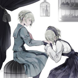 Rule 34 | 2girls, alcohol, birdcage, black collar, black dress, black gloves, black hairband, black pantyhose, blonde hair, blue sailor collar, blue serafuku, blue shirt, blue skirt, blue sleeves, bottle, cage, collar, collared shirt, commentary request, cup, cupcake, curtains, danganronpa (series), danganronpa v3: killing harmony, dated, dessert, dress, drinking glass, dual persona, feet out of frame, food, frilled sleeves, frills, from behind, gloves, hair over one eye, hairband, kiss, kissing hand, lace-trimmed collar, lace-trimmed hairband, lace trim, leaning forward, long dress, long sleeves, looking at another, medium skirt, multiple girls, neckerchief, pantyhose, parted lips, plate, red neckerchief, sailor collar, school uniform, serafuku, shirt, short hair, signature, simple background, sitting, skirt, sleeveless, sleeveless dress, spider web print, squatting, tojo kirumi, u u ki u u, white background, white shirt, white sleeves, wide sleeves, wine, wine bottle, wine glass, yellow eyes
