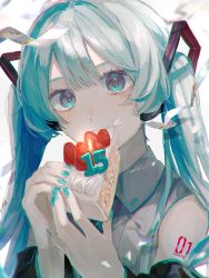 Rule 34 | 1girl, anniversary, aqua eyes, aqua hair, bare shoulders, blue nails, cake, cake slice, candle, confetti, detached sleeves, eating, food, fruit, grey shirt, hair between eyes, hatsune miku, headphones, highres, holding, holding cake, holding food, long hair, looking at viewer, mochigome 23, nail polish, number tattoo, shirt, solo, strawberry, tattoo, twintails, vocaloid, white background