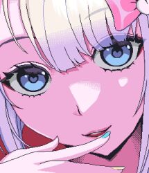 Rule 34 | 1girl, blue eyes, blunt bangs, bow, chouzetsusaikawa tenshi-chan, close-up, commentary request, eencya, hair bow, hand to own mouth, hand up, heart, heart in eye, looking at viewer, needy girl overdose, official art, open mouth, pink bow, pink lips, pixel art, second-party source, smile, solo, symbol in eye, white hair