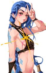 Rule 34 | 1girl, arcane: league of legends, arcane jinx, arm tattoo, arm up, asymmetrical hair, blue hair, braid, breasts, cloud tattoo, cowboy shot, halterneck, highres, jinx (league of legends), league of legends, long hair, looking at viewer, mamimi (mamamimi), midriff, nail polish, navel, nipple slip, nipples, no bra, paint splatter, paint stains, parted lips, pink nails, red eyes, shoulder tattoo, sidecut, simple background, single vambrace, small breasts, solo, standing, stomach tattoo, tattoo, twin braids, undercut, v, vambraces, very long hair, white background, wristband