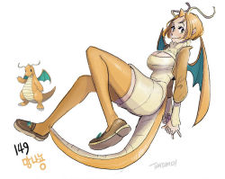 Rule 34 | 1girl, antennae, breasts, brown footwear, cleavage, creatures (company), dragon wings, dragonite, game freak, gen 1 pokemon, horns, large breasts, nintendo, orange hair, own hands clasped, own hands together, personification, pointy ears, pokedex number, pokemon, pokemon (creature), single horn, smile, tail, tamtamdi, thick thighs, thighhighs, thighs, wings