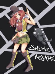 Rule 34 | 1girl, absurdres, boots, brown eyes, cabbie hat, character name, fanny pack, female focus, full body, green skirt, hat, highres, hood, hooded jacket, jacket, knee boots, long hair, looking at viewer, miniskirt, misaki shiki, nyantan, open mouth, red hair, red shirt, shirt, skirt, solo, standing, stuffed animal, stuffed cat, stuffed toy, subarashiki kono sekai, yellow jacket