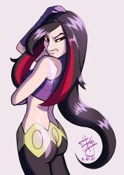 Rule 34 | 1girl, absurdres, annoyed, ass, belt, black hair, black pants, breasts, creatures (company), crop top, frankgallaxx, frown, game freak, gloves, highres, large breasts, long hair, lucy (pokemon), midriff, multicolored hair, nintendo, pants, pokemon, pokemon emerald, pokemon rse, red eyes, sideboob, simple background