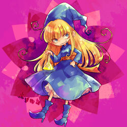 Rule 34 | 1girl, back bow, bags under eyes, blonde hair, blue eyes, blue footwear, blue headwear, blue robe, blunt bangs, boots, bow, brown sash, commentary request, copyright name, dated commentary, erlenmeyer flask, flask, full body, hand on own hip, hand up, holding, long sleeves, lowres, madou monogatari, parted lips, petticoat, pink background, puyopuyo, rakuni, robe, sanpaku, solo, v-shaped eyebrows, wide sleeves, witch (puyopuyo)