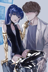 Rule 34 | 1boy, 1other, arm support, barbata, bare shoulders, blue eyes, blue hair, blush, brown hair, commentary, english commentary, facial hair, floating screen, goatee, golden arms, grey pants, grey shirt, hand on another&#039;s shoulder, high heels, high ponytail, highres, houseki no kuni, lab coat, long sleeves, looking at another, looking at viewer, mechanical arms, mechanical legs, nervous, nose blush, open mouth, pants, phosphophyllite, phosphophyllite (ll), ponytail, prosthesis, prosthetic arm, prosthetic leg, reaching, shirt, short hair, short jumpsuit, sideburns, sidelocks, sitting, sitting on lap, sitting on person, sleeveless, spoilers, undershirt, zakirsiz