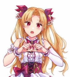 Rule 34 | 1girl, blonde hair, blush, breasts, corset, dress, earrings, ereshkigal (fate), ereshkigal (flower sunshine) (fate), fate/grand order, fate (series), flower sunshine, frills, hair ribbon, heart, heart hands, highres, hoop earrings, jewelry, long hair, looking at viewer, medium breasts, open mouth, parted bangs, red eyes, ribbon, solo, strawberry-rain-mk, two side up, white dress