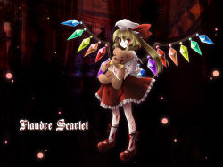 Rule 34 | 1girl, bad id, bad pixiv id, blonde hair, blood, character name, crystal, female focus, flandre scarlet, hat, hat ribbon, highres, puffy sleeves, red eyes, ribbon, short hair, short sleeves, side ponytail, solo, stuffed animal, stuffed toy, teddy bear, touhou, wings