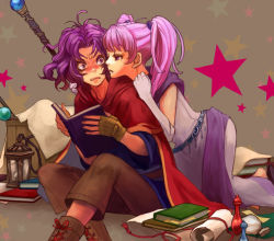Rule 34 | 1boy, 1girl, blush, bonjour, book, bottle, clenched teeth, cloak, cross-laced footwear, dress, elbow gloves, erk (fire emblem), fingerless gloves, fire emblem, fire emblem: the blazing blade, gloves, hetero, hug, hug from behind, kneeling, lantern, leaning on person, crossed legs, looking at another, messy hair, nintendo, open mouth, pants, pink hair, purple eyes, purple hair, robe, sash, scroll, serra (fire emblem), shoes, short hair, sitting, staff, star (symbol), starry background, teeth, twintails