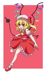 Rule 34 | 1girl, ascot, blonde hair, bobby socks, breasts, buttons, fang, flandre scarlet, frilled skirt, frilled sleeves, frills, full body, hair between eyes, hat, hat ribbon, holding, jamikko319, laevatein (touhou), looking at viewer, mary janes, medium hair, mob cap, multicolored wings, open mouth, puffy short sleeves, puffy sleeves, red background, red eyes, red footwear, red ribbon, red skirt, red vest, ribbon, shirt, shoes, short sleeves, side ponytail, skirt, skirt set, small breasts, socks, solo, touhou, vest, white hat, white shirt, white socks, wings, yellow ascot